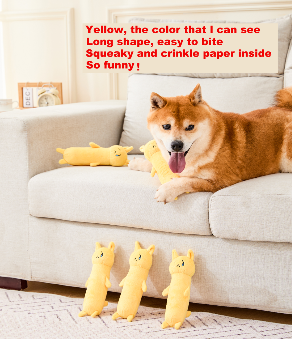노란색 긴 개 삐걱 ​​거리는 장난감 대화 형 개 장난감 거친 개 장난감 개 씹는 장난감 작은 품종을위한 사용자 정의 사랑스러운 부드러운 장난감